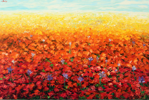 Flowers on red orange and yellow leaves by Azis Onassis Original Fine Art from Ketut Rudi
