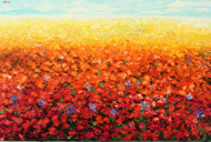Flowers on red orange and yellow leaves by Azis Onassis Original Fine Art from Ketut Rudi